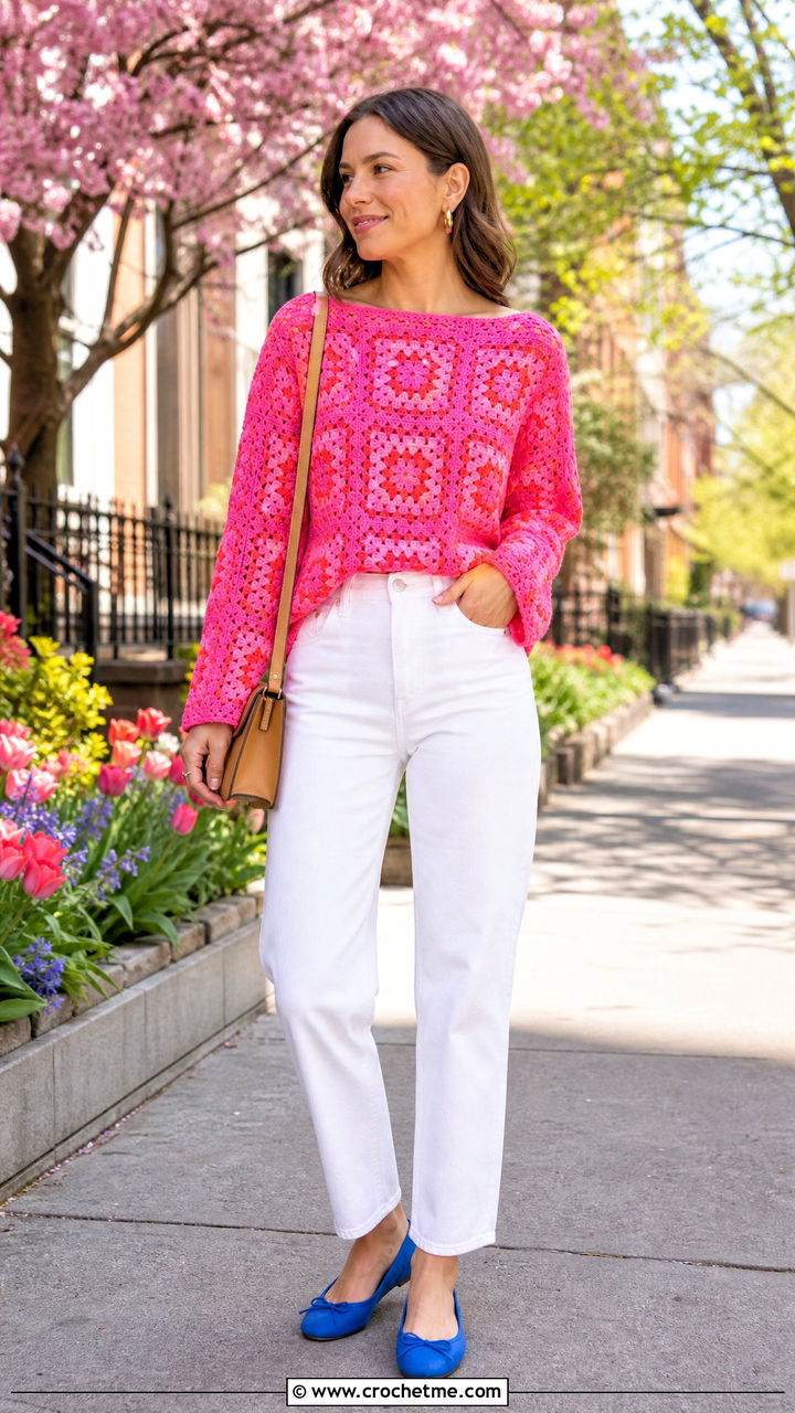 Boatneck Granny Square Sweater With White Jeans - 35 crochet granny square sweater outfit ideas