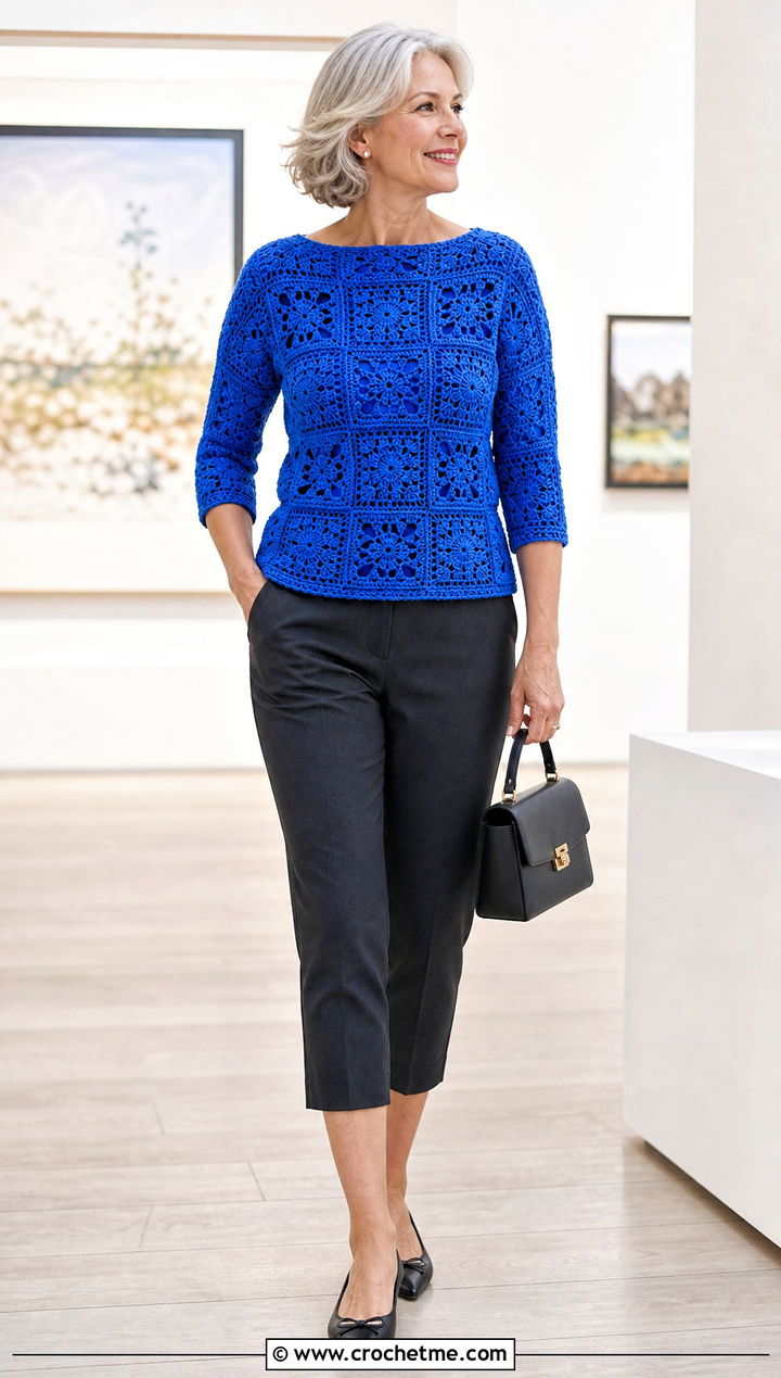 Boatneck Granny Square Top With Tailored Capris - 30 crochet summer tops granny squares outfit ideas