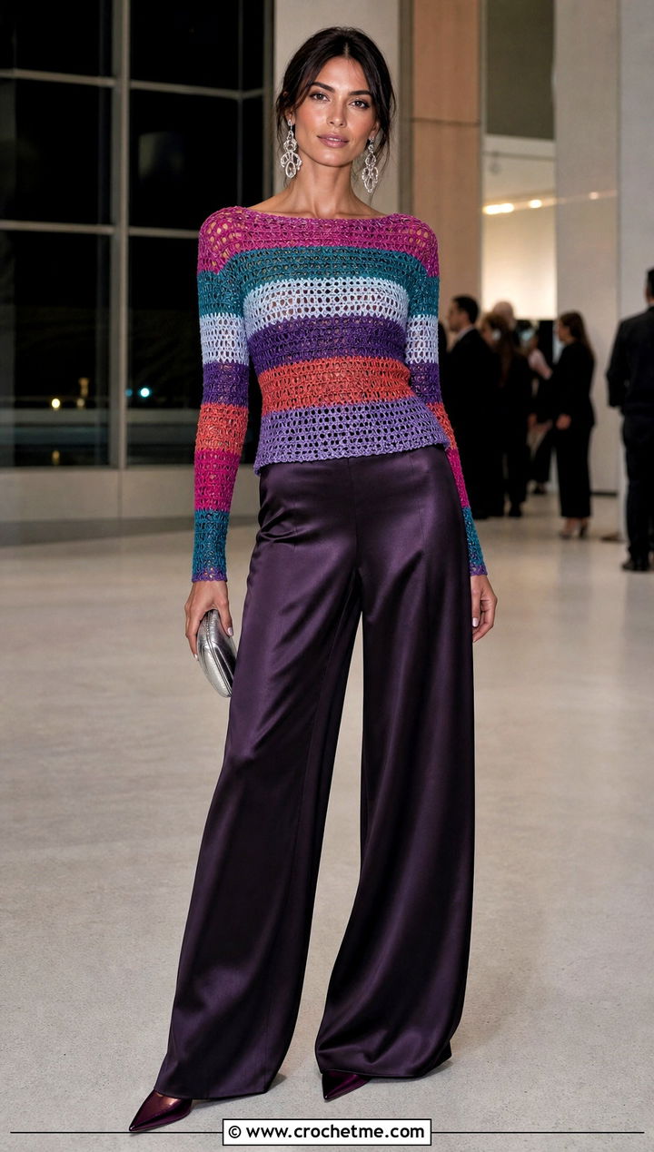 Boatneck Rainbow Striped Crochet Sweater With Satin Wide Leg Pants - 15 rainbow striped crochet sweater outfit ideas