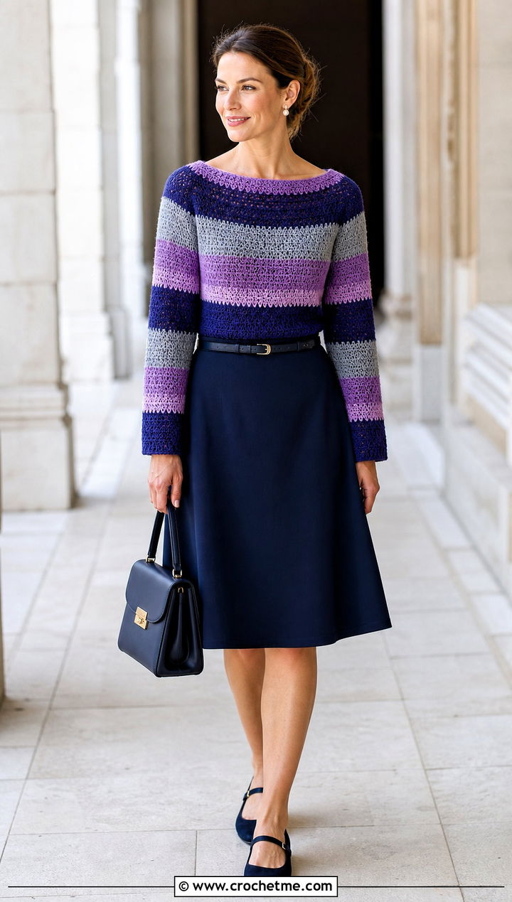 Boatneck Striped Crochet Sweater With A Line Skirt - 30 striped crochet sweater outfit ideas