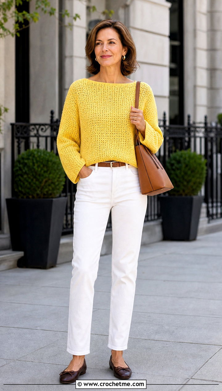 Boatneck Two Rectangle Crochet Sweater With White Jeans - 15 Rectangle Crochet Sweater outfit ideas