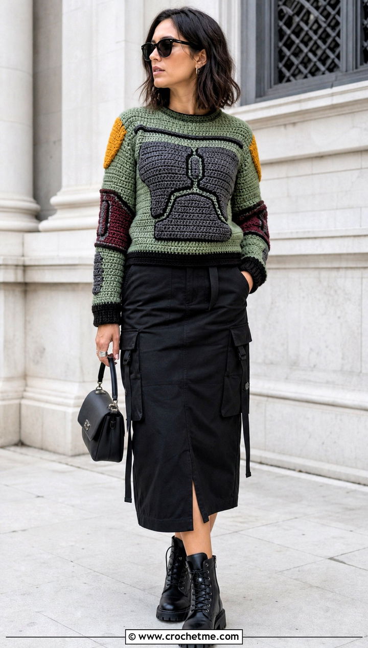 Boba Fett Color Block Crochet Sweater With Utility Skirt - 20 Star Wars Crochet Sweater outfit ideas