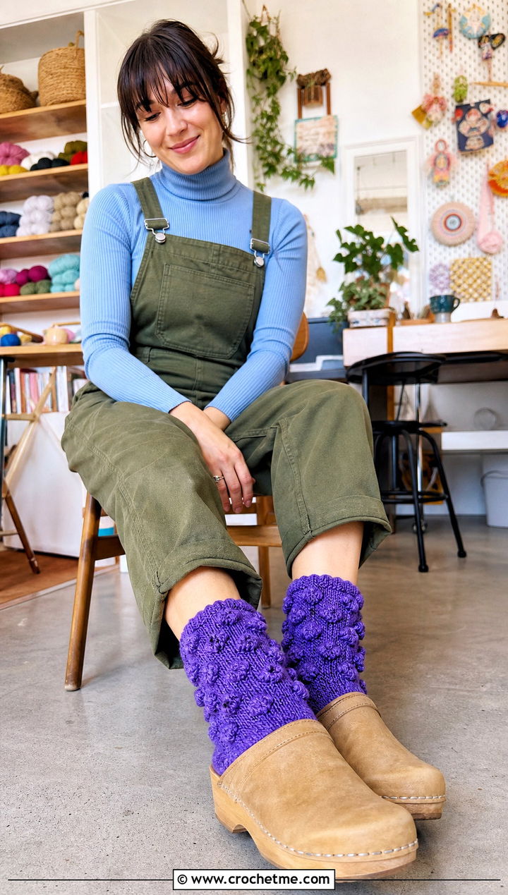 Bobble Ankle Crochet Wool Socks With Overalls - 30 Crochet Wool Socks outfit ideas