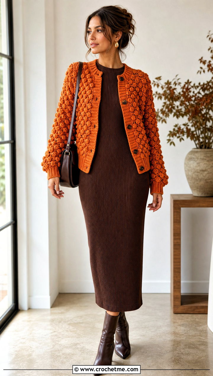 Bobble Block Cardigan With Column Dress - 25 crochet block cardigan outfit ideas