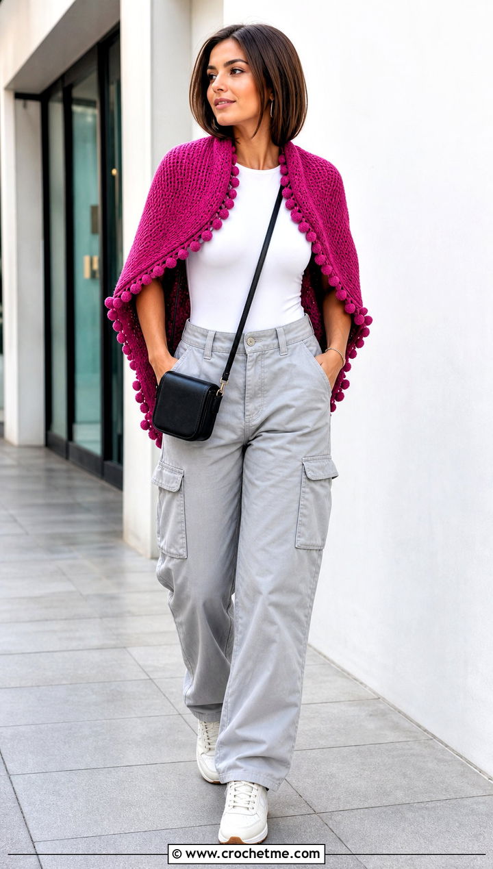 Bobble Border Outlander Shawl With Cargo Pants - 35 crochet outlander shawl outfit ideas