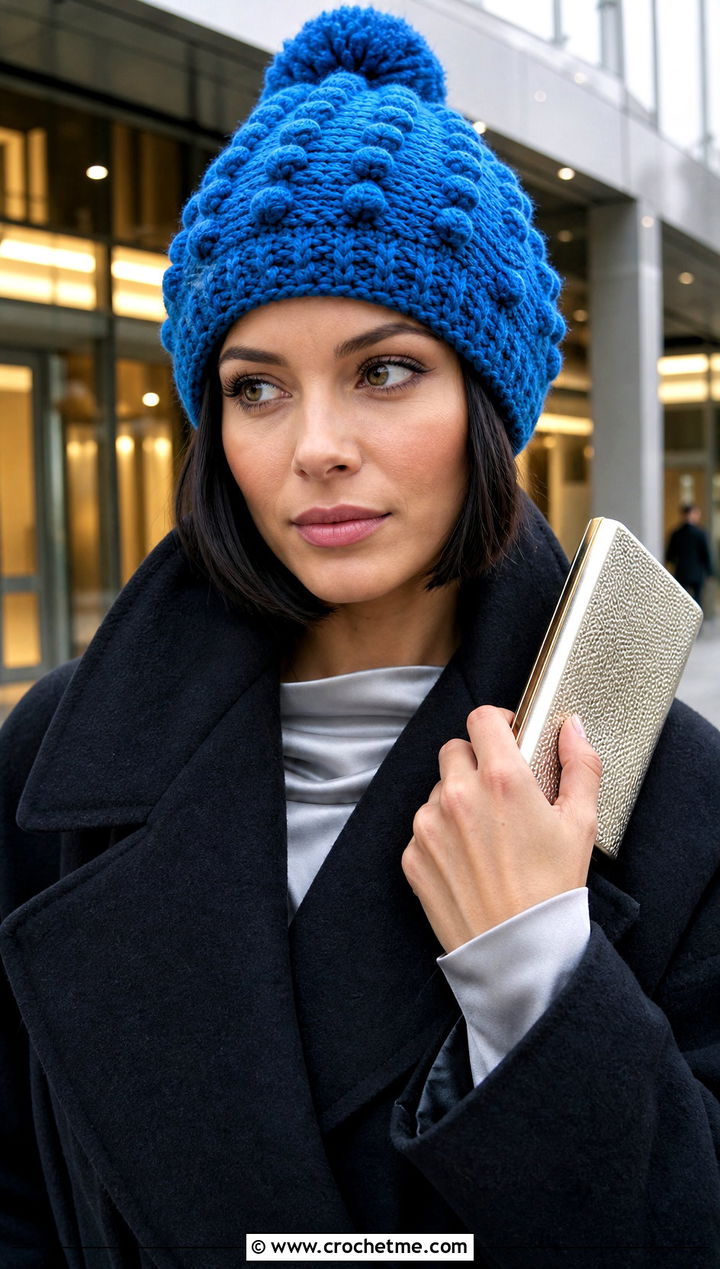 Bobble Braided Crochet Beanie With Evening Coat - 15 Braided Crochet Beanie outfit ideas