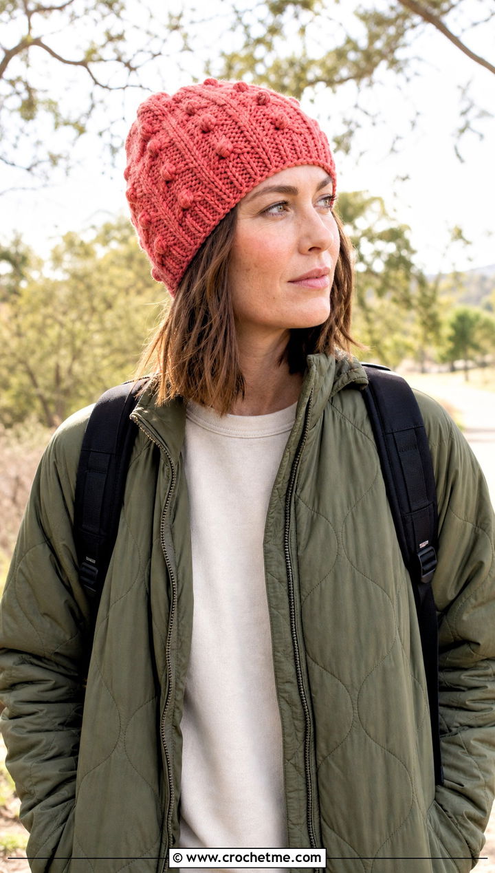 Bobble Cable Crochet Beanie With Quilted Jacket - 25 crochet cable beanie outfit ideas