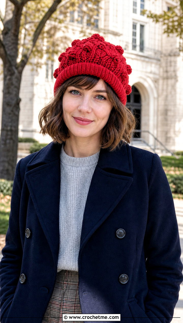 Bobble Cable Crochet Hat With Peacoat - 25 Cable Knit Crochet Hat outfit ideas