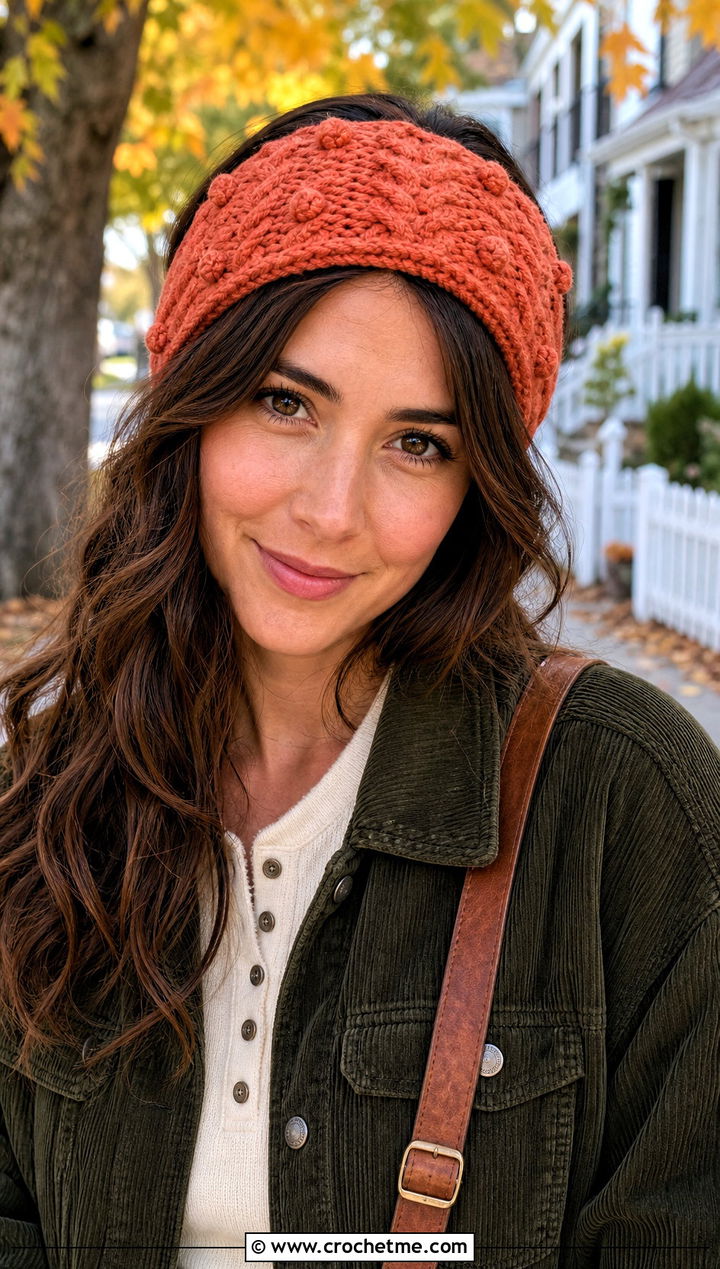 Bobble Cable Headband With Corduroy Jacket - 25 crochet cable headband outfit ideas
