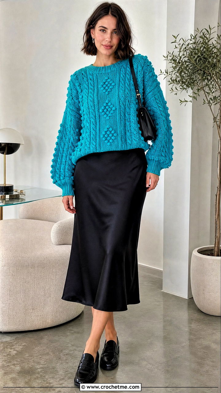 Bobble Cable Sweater With Slip Dress - 35 crochet cable sweater outfit ideas
