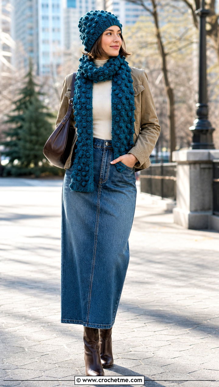 Bobble Crochet Beanie And Scarf With Denim Maxi Skirt - 35 crochet hat and scarf set outfit ideas
