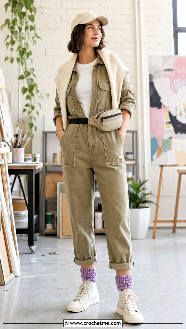 Bobble Crochet Crew Socks With Utility Jumpsuit - 35 crochet sock outfit ideas
