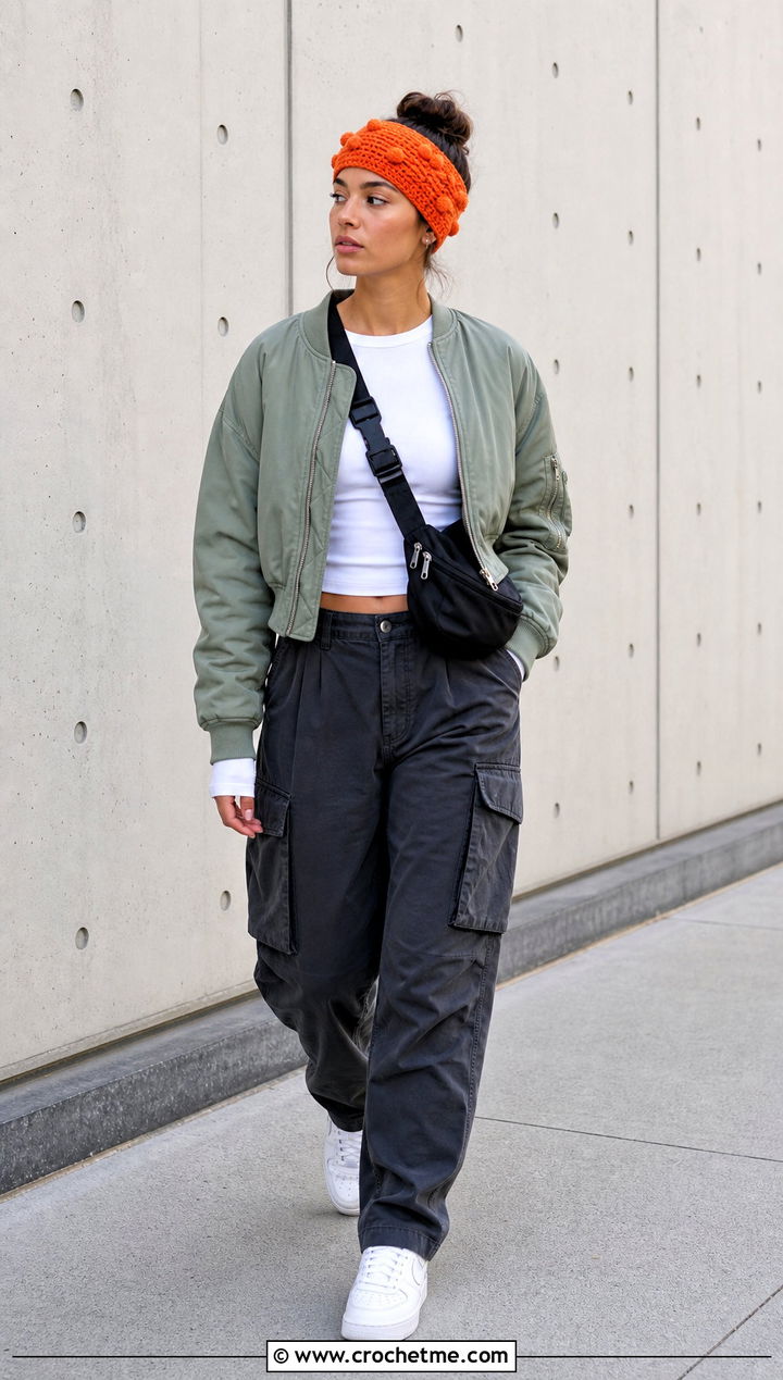 Bobble Crochet Headband With Bomber Jacket And Cargo Pants - 35 simple crochet headband outfit ideas