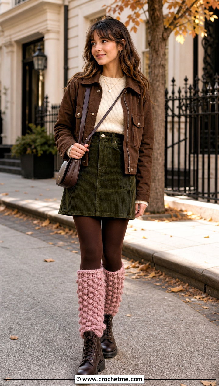Bobble Crochet Leg Warmers With Corduroy Skirt - 30 crochet leg warmers ideas
