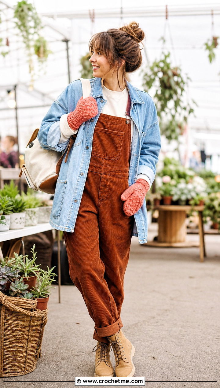 Bobble Crochet Mittens With Corduroy Overalls - 35 easy crochet mittens for beginners outfit ideas