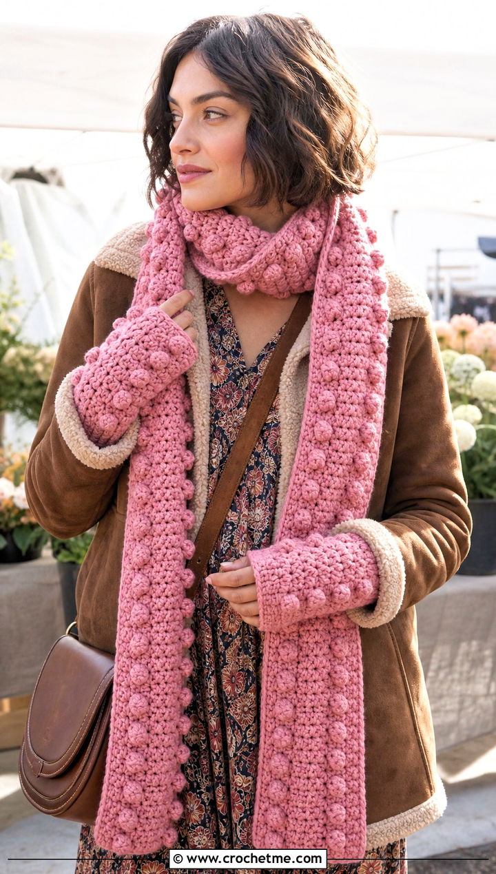 Bobble Crochet Scarf And Fingerless Mittens With Maxi Dress - 15 Crochet Scarf And Mittens Set outfit ideas