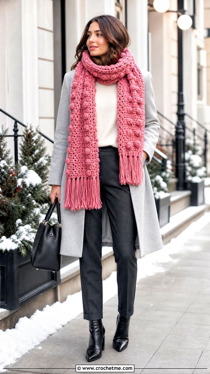 Bobble Crochet Scarf With Minimalist Coat - 35 easy crochet scarves outfit ideas