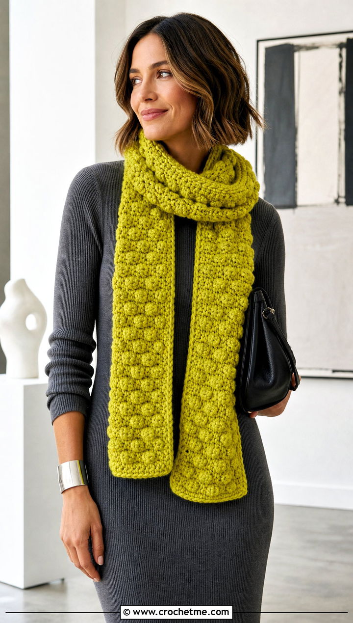 Bobble Crochet Scarf With Minimalist Knit Dress - 25 Wednesday Crochet Scarf outfit ideas