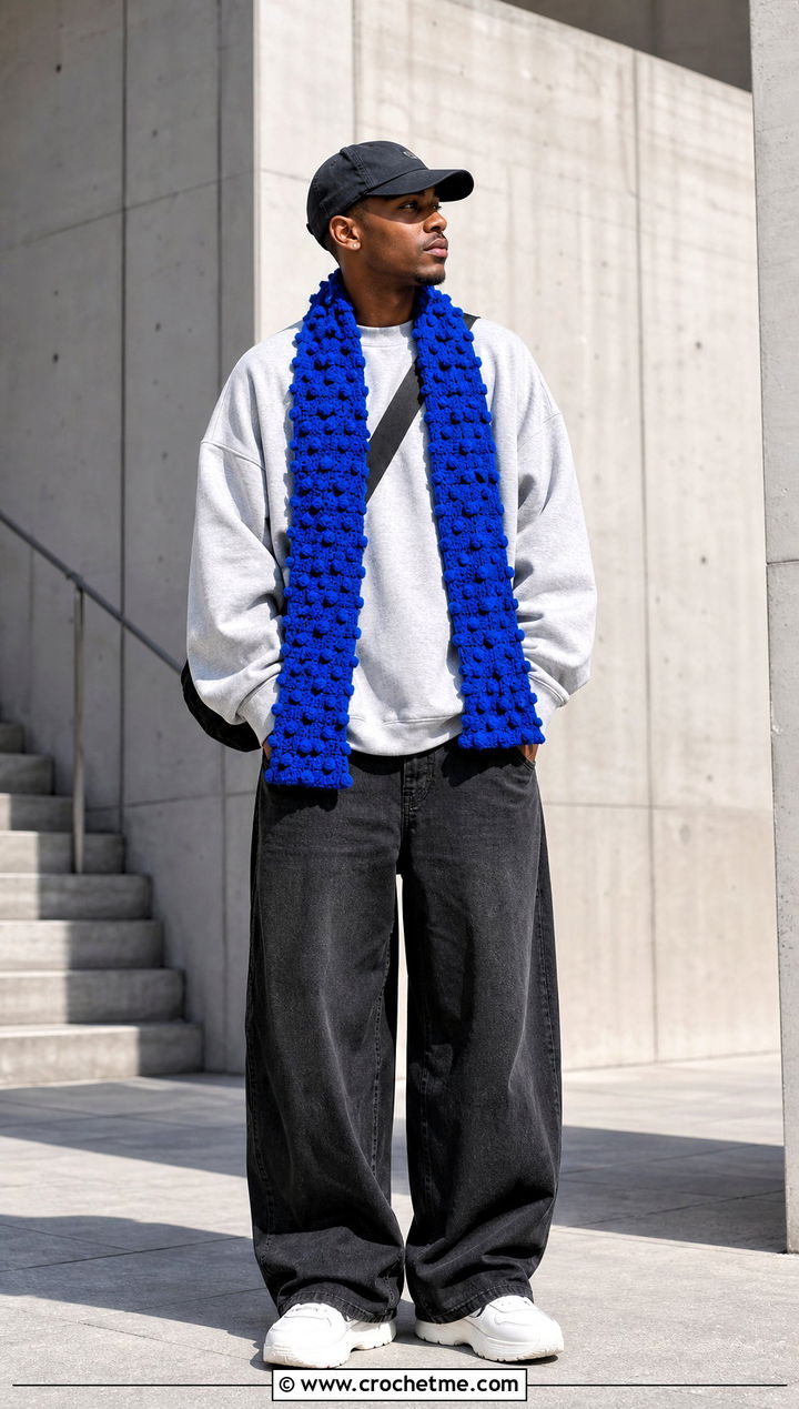 Bobble Crochet Scarf With Monochrome Streetwear - 35 men crochet scarf outfit ideas