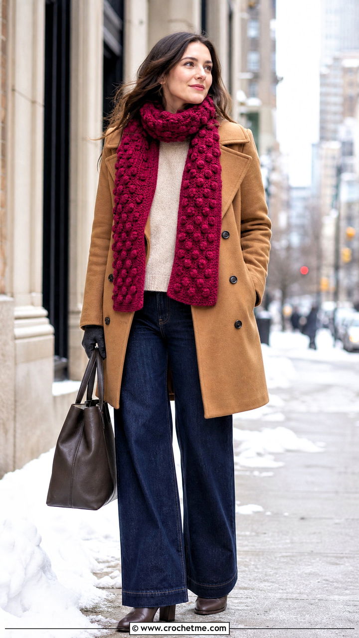 Bobble Crochet Scarf With Peacoat And Wide Leg Jeans - 35 simple crochet scarf outfit ideas