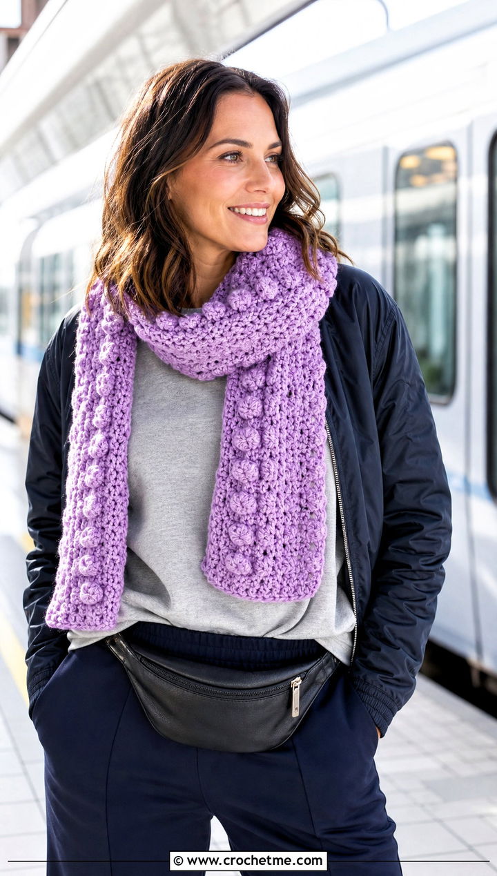 Bobble Crochet Scarf With Sweatshirt And Track Pants - 25 Crochet Fun Scarf outfit ideas