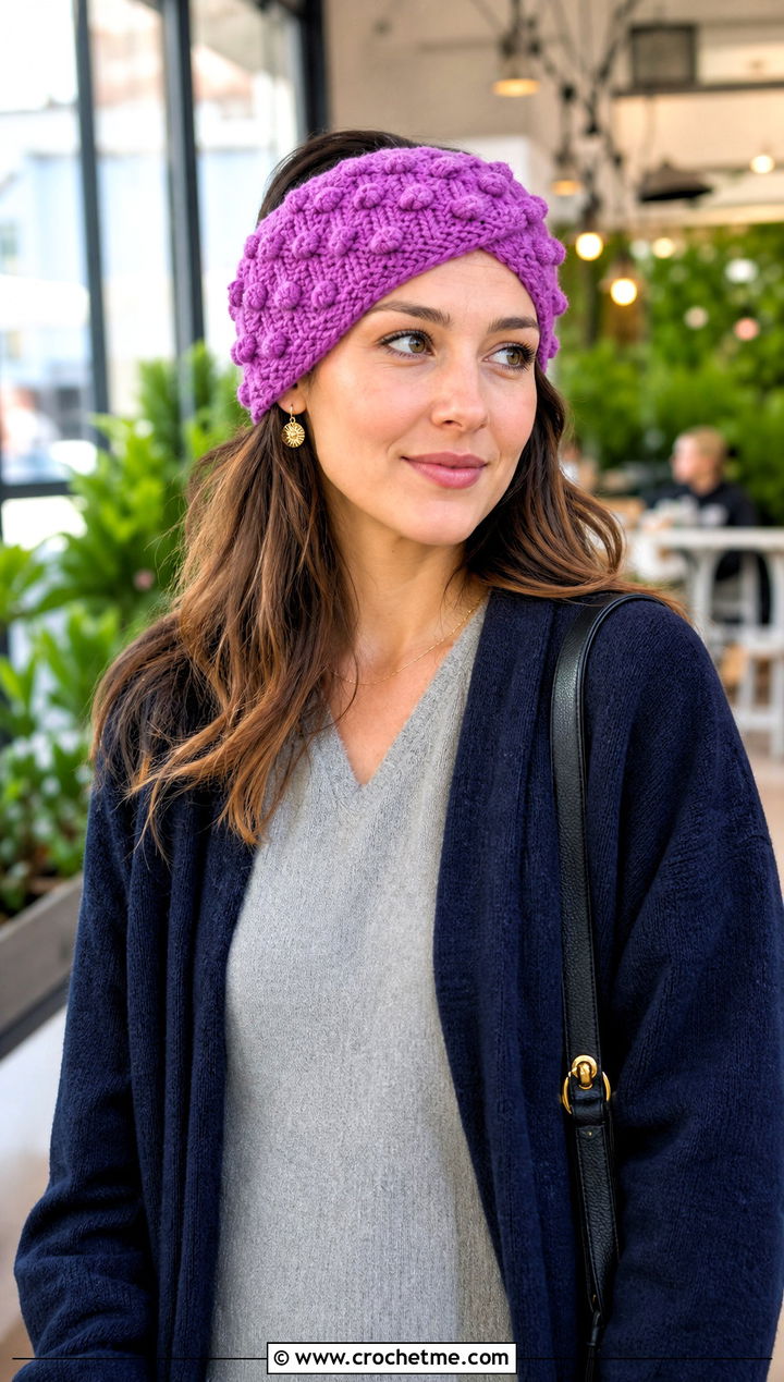 Bobble Crochet Winter Headband With Knit Dress - 15 crochet winter head band outfit ideas