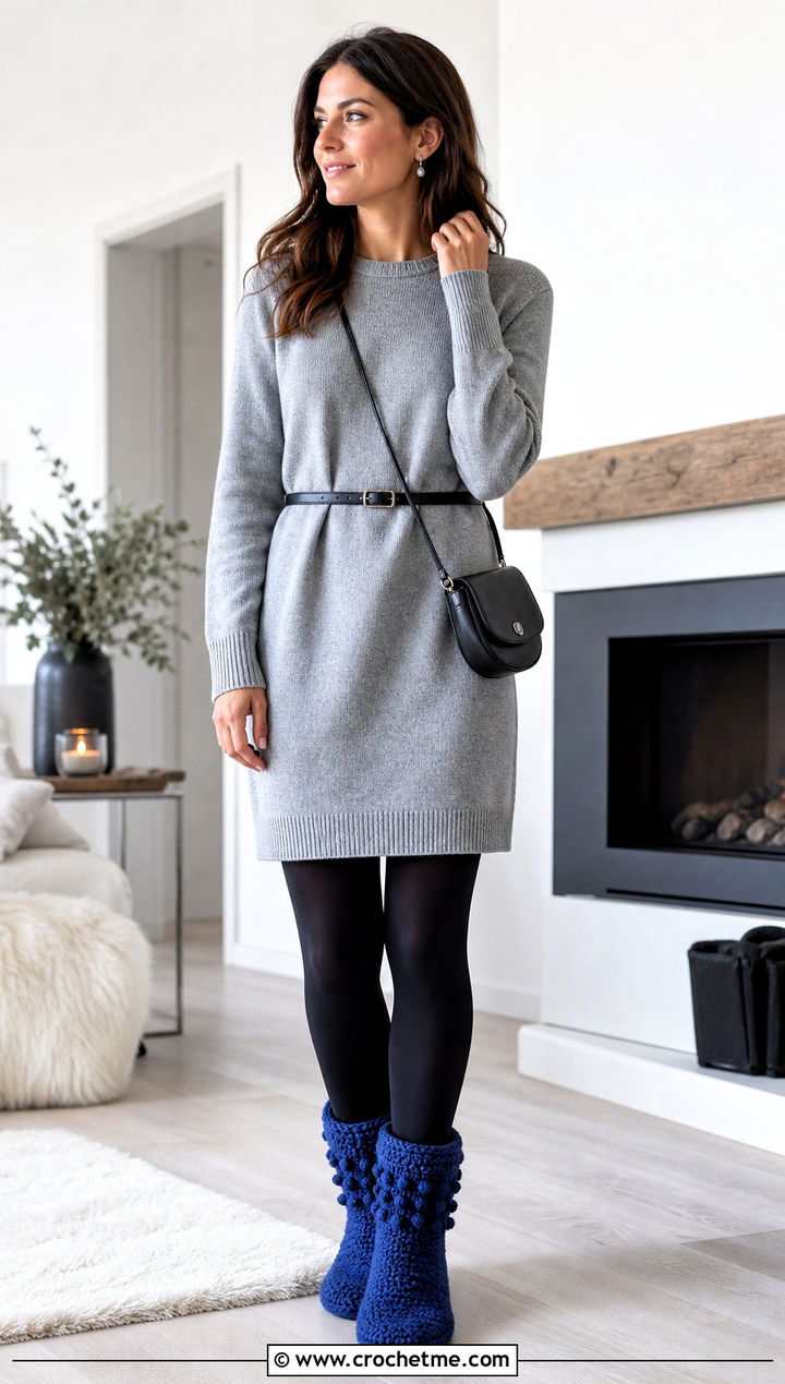 Bobble Cuff Crochet Slipper Boots With Sweater Dress - 35 crochet slipper boots outfit ideas