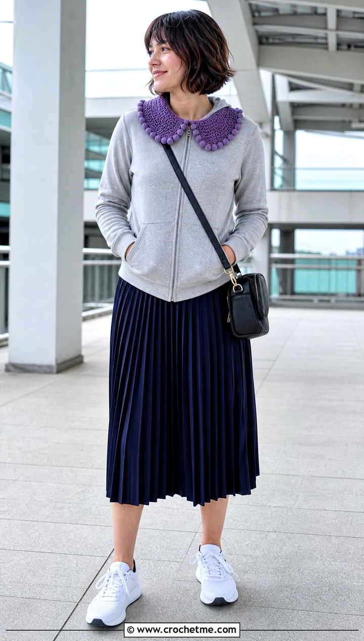 Bobble Edge Crochet Peter Pan Collar With Hoodie And Midi Skirt - 35 crochet peter pan collar outfit ideas