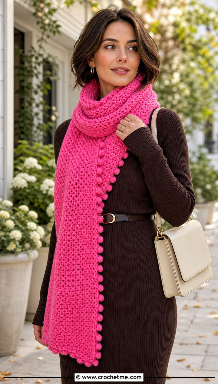 Bobble Edge Crochet Road Trip Scarf With Knit Dress - 15 Crochet Road Trip Scarf outfit ideas