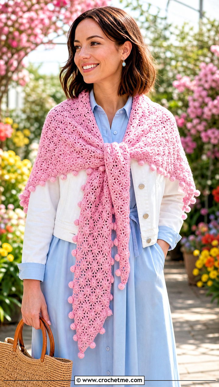 Bobble Edge Crochet Star Stitch Scarf With Spring Midi Dress - 25 Crochet Star Stitch Scarf outfit ideas