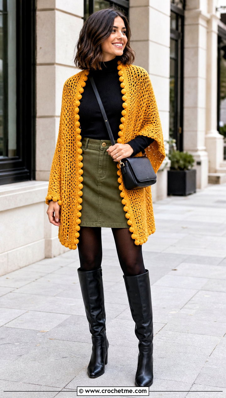 Bobble Edge Rectangle Crochet Shawl With Mini Skirt - 25 Easy Rectangle Crochet Shawl outfit ideas