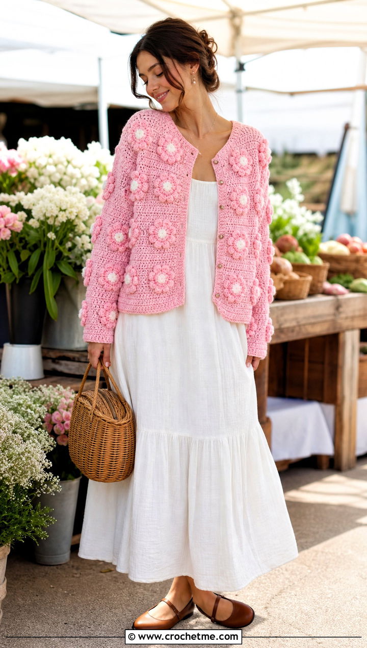 Bobble Flower Crochet Cardigan With Cotton Maxi Dress - 25 Flower Crochet Cardigan outfit ideas