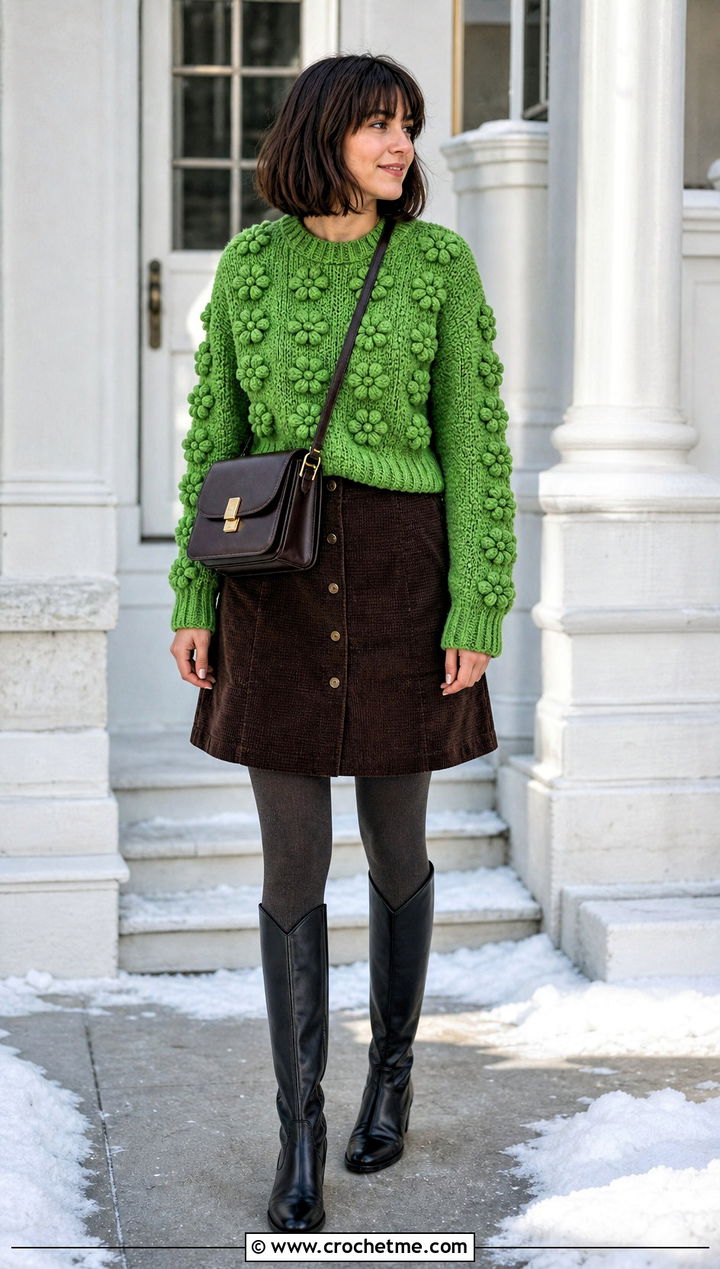 Bobble Flower Crochet Sweater With Corduroy Skirt - 30 crochet flower sweater outfit ideas