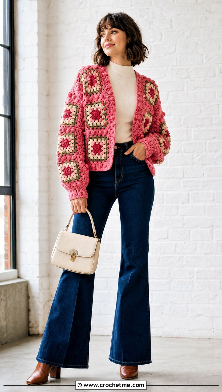 Bobble Granny Square Cardigan With Flared Pants - 30 crochet granny squares cardigan outfit ideas