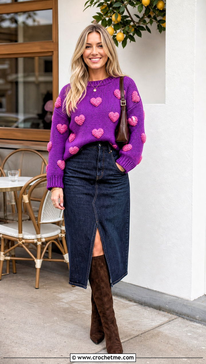 Bobble Heart Crochet Sweater With Denim Midi Skirt - 25 crochet valentine sweater outfit ideas