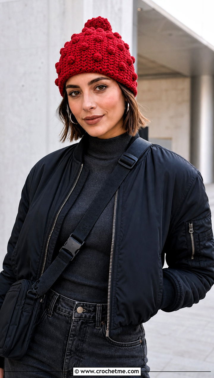 Bobble Knit Look Crochet Beanie With Cargo Pants - 25 Knit Look Crochet Hat outfit ideas