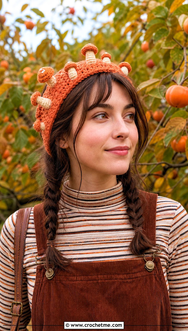 Bobble Mushroom Headband With Corduroy Overalls - 25 mushroom crochet headband outfit ideas