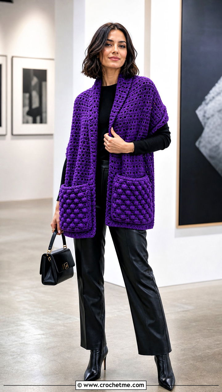 Bobble Pocket Crochet Shawl With Leather Pants - 15 Pocket Crochet Shawl outfit ideas