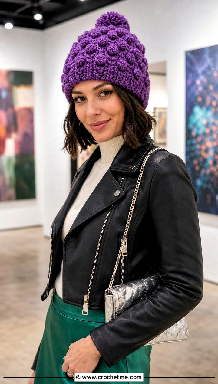 Bobble Shell Crochet Beanie With Satin Skirt And Moto Jacket - 20 shell crochet beanie outfit ideas