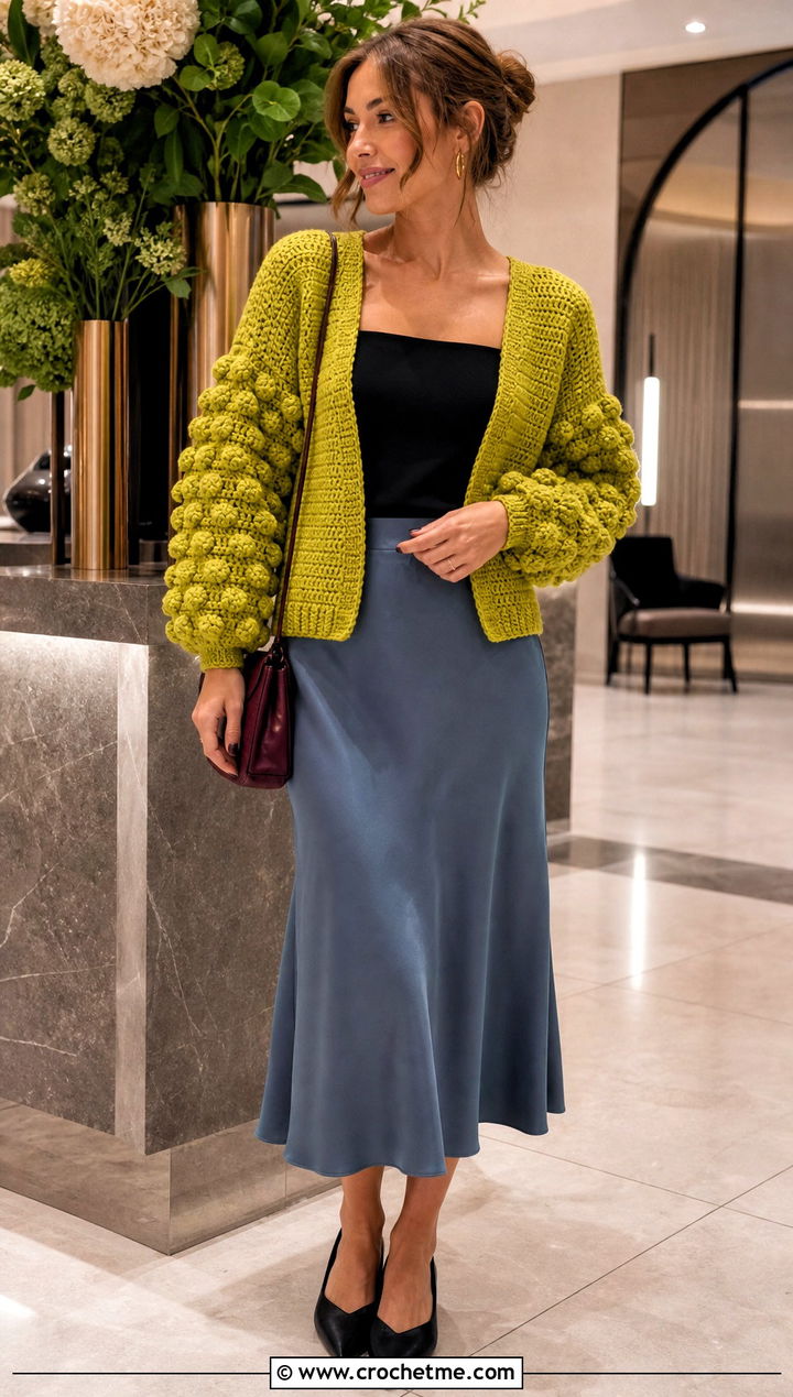 Bobble Sleeve Cardigan With Slip Skirt - 25 Crochet Bobble Cardigan outfit ideas