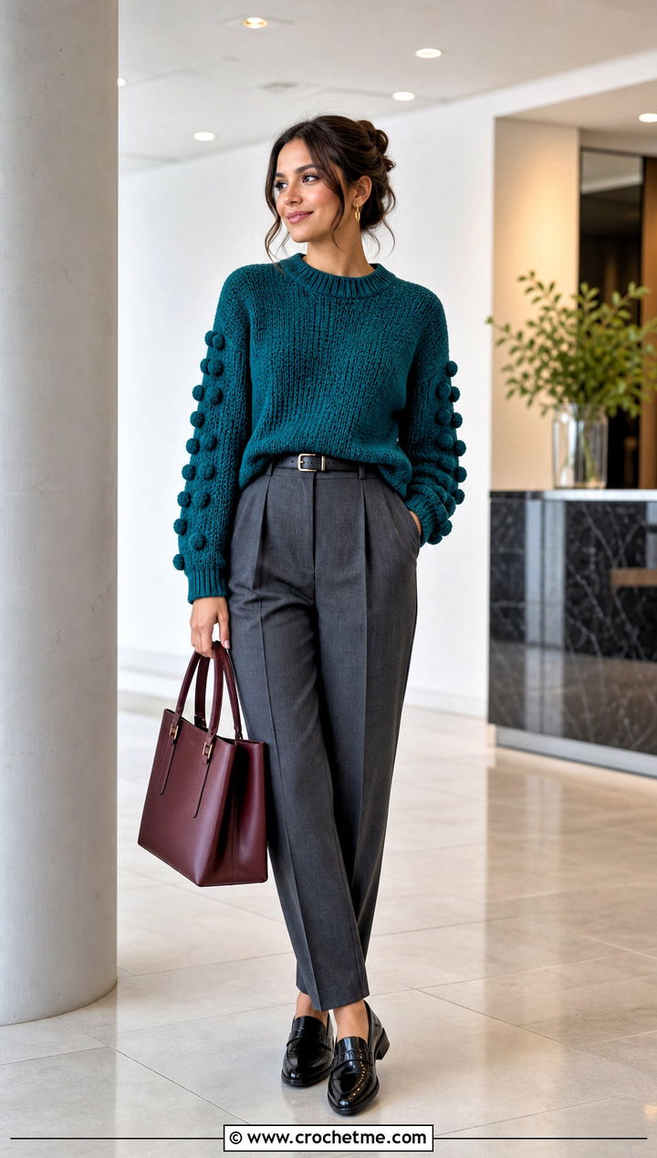 Bobble Sleeve Sweater With Tailored Trousers - 25 crochet bobble sweater outfit ideas