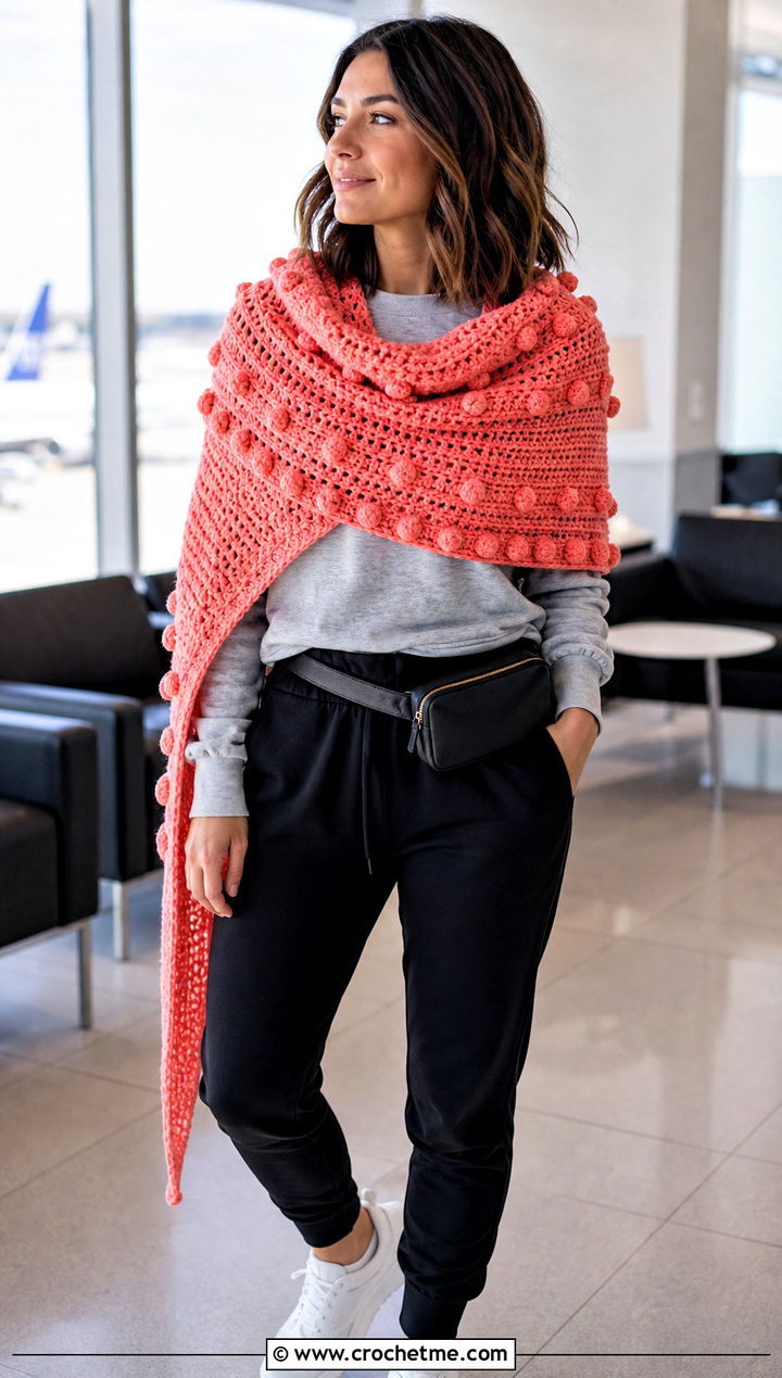 Bobble Stitch Asymmetrical Crochet Shawl With Sweatshirt And Joggers - 30 asymmetrical crochet shawl outfit ideas
