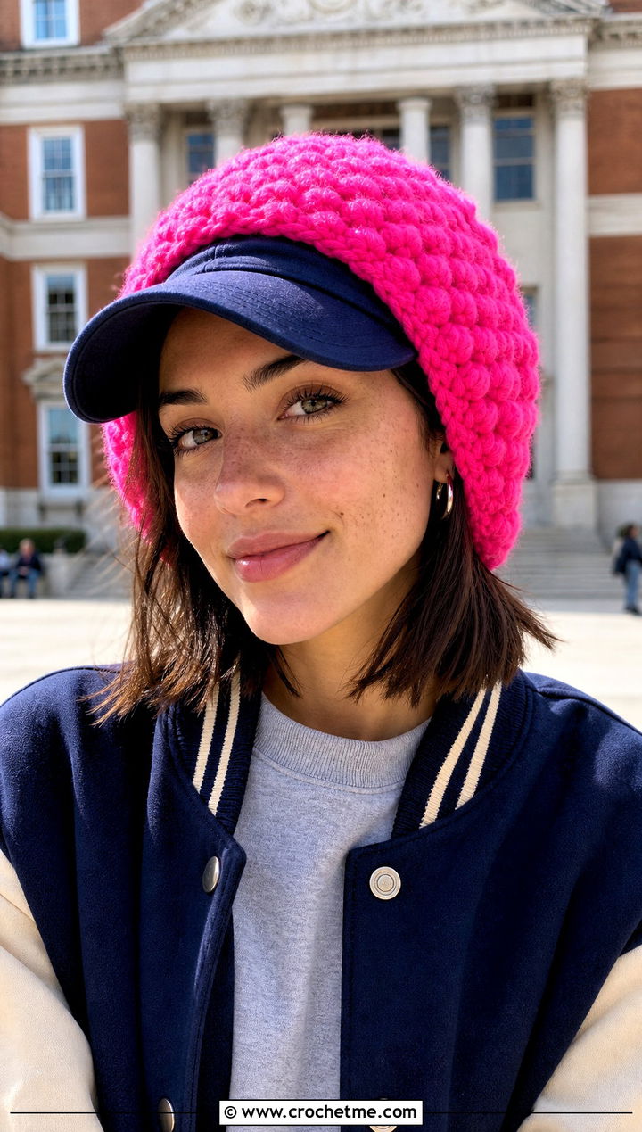 Bobble Stitch Baseball Cap Ear Warmer With Varsity Jacket - 20 crochet baseball cap ear warmer outfit ideas