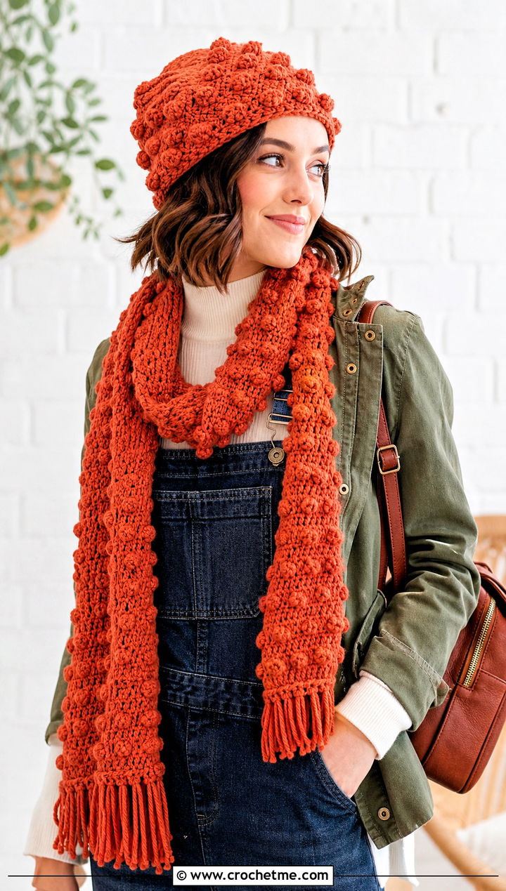 Bobble Stitch Beanie And Scarf Set With Overalls - 25 Crochet Scarf And Hat Set outfit ideas