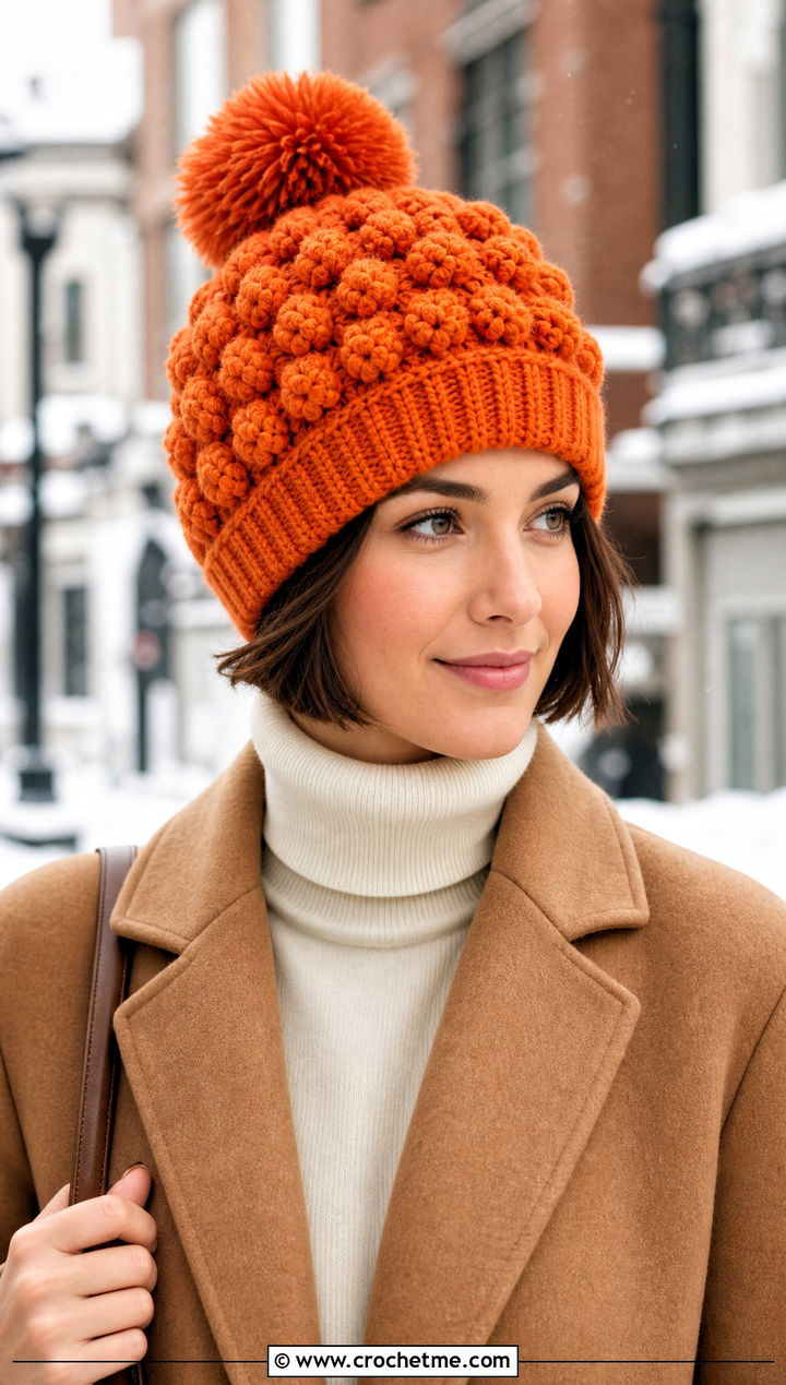 Bobble Stitch Bert Crochet Hat With Wool Coat - 15 Bert Crochet Hat outfit ideas