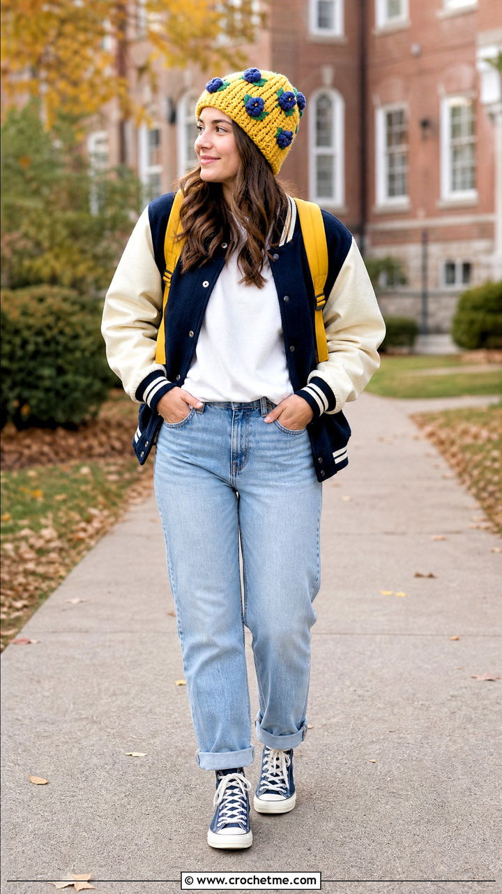 Bobble Stitch Blueberry Crochet Beanie With Varsity Jacket And Jeans - 35 blueberry crochet hat outfit ideas