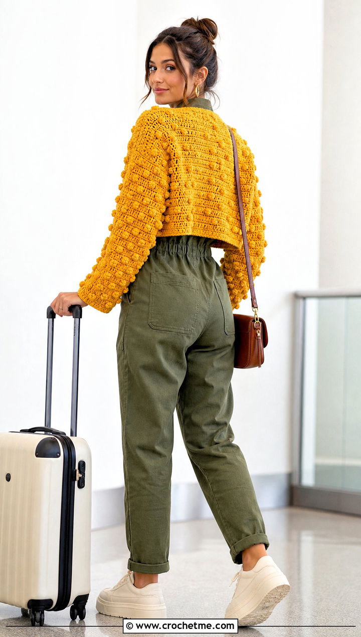 Bobble Stitch Bolero With Utility Jumpsuit - 35 crocheted bolero outfit ideas