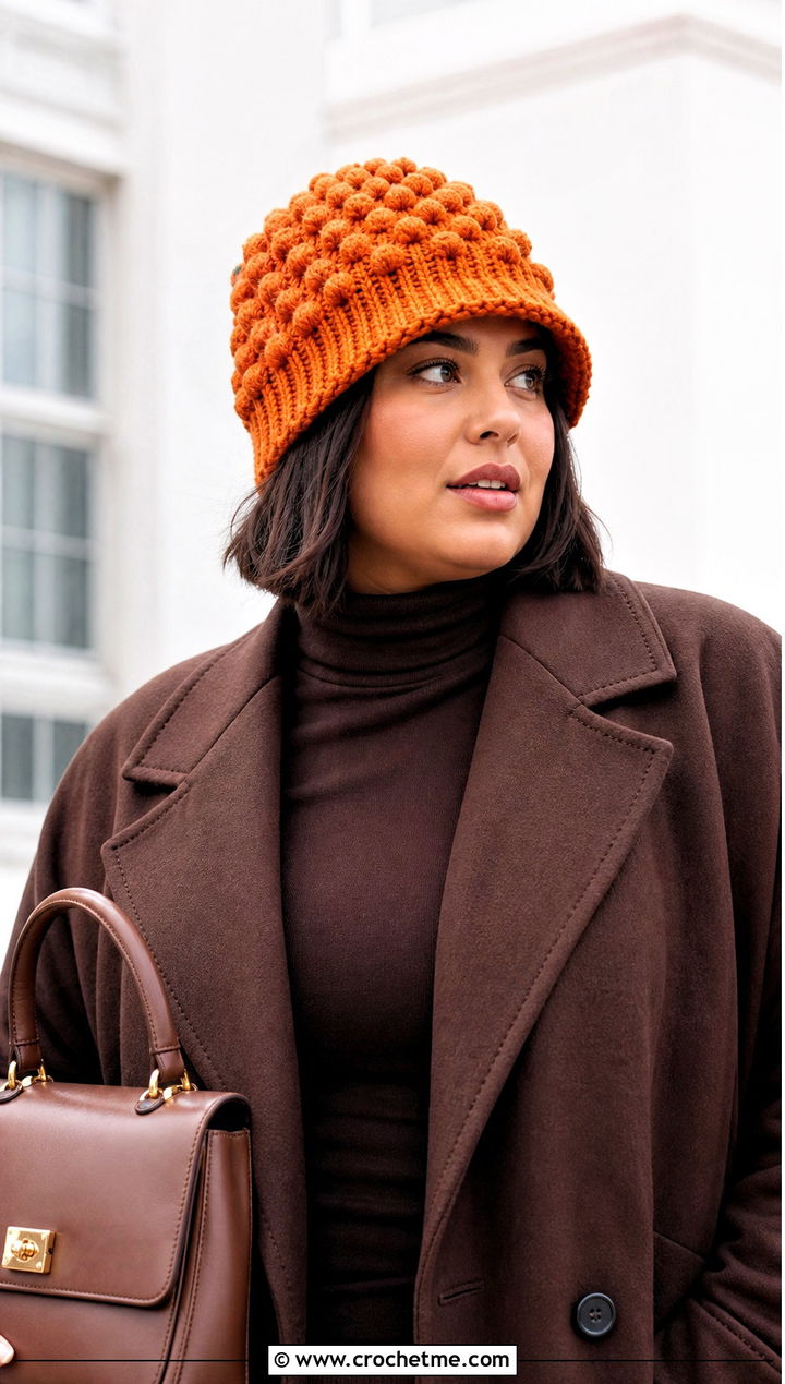 Bobble Stitch Brimmed Crochet Beanie With Monochrome Knitwear - 15 Brimmed Crochet Beanie outfit ideas