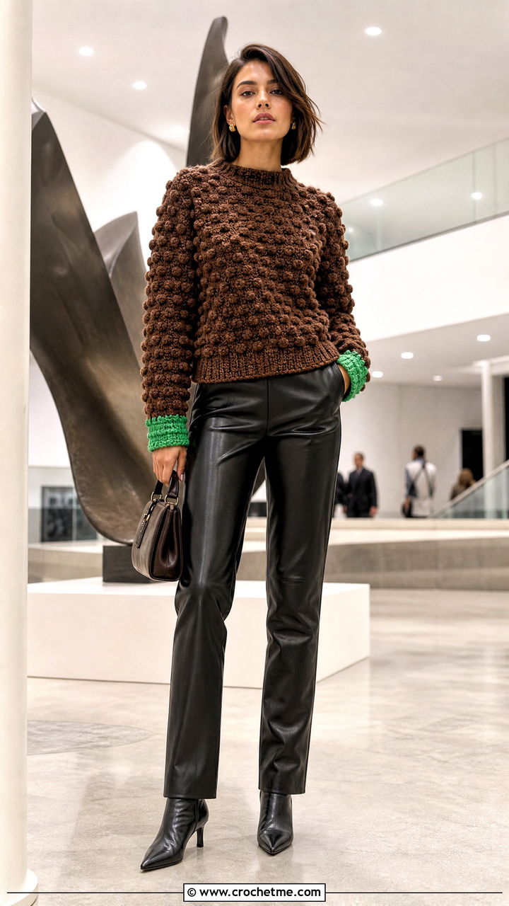 Bobble Stitch Brown Crochet Sweater With Straight Leather Pants - 35 crochet brown sweater outfit ideas