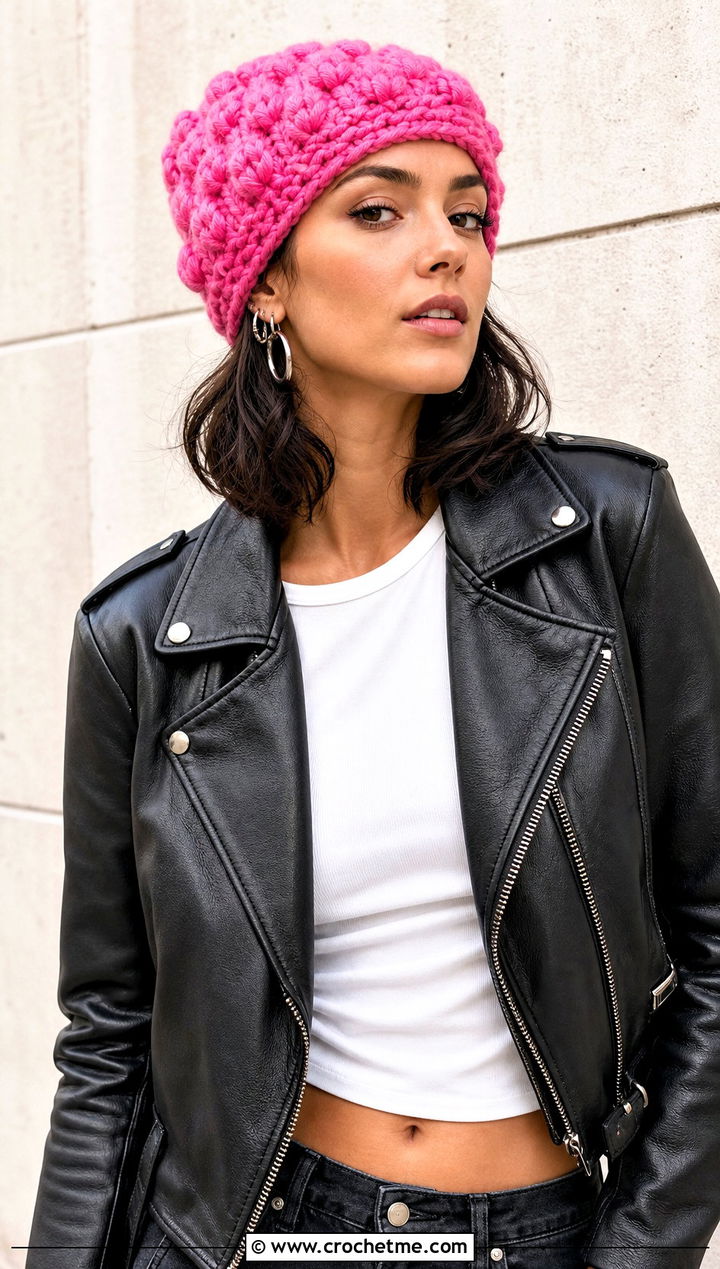 Bobble Stitch Bulky Crochet Beanie With Leather Jacket - 30 bulky crochet beanie outfit ideas